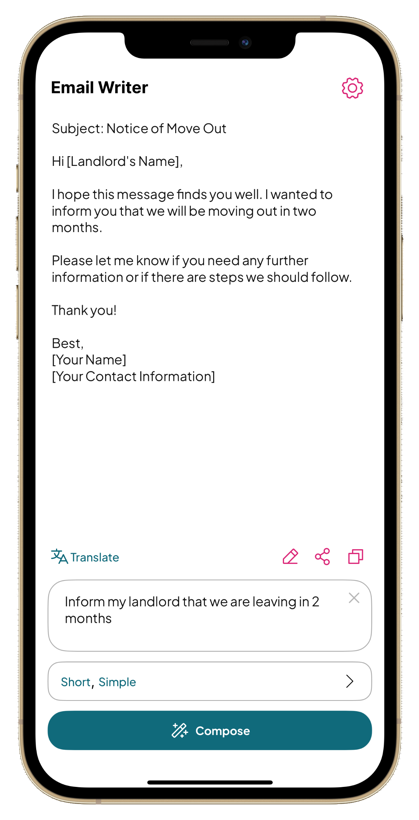 Email Writer app on iPhone: the note ‘Inform my landlord that we are leaving in 2 months’ turned into a complete, professional move-out email
