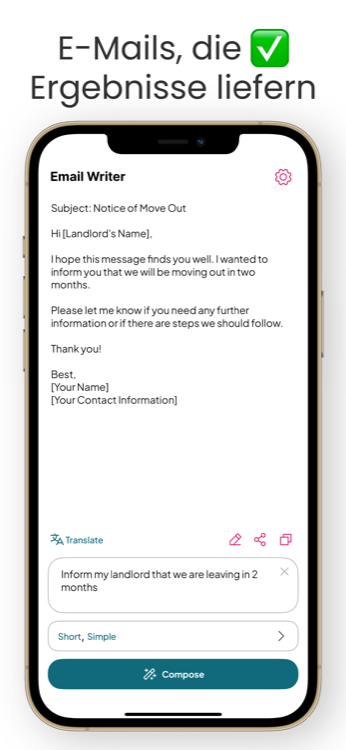 Eine kurze, einfache E-Mail, erstellt aus einem einzeiligen Prompt in Email Writer