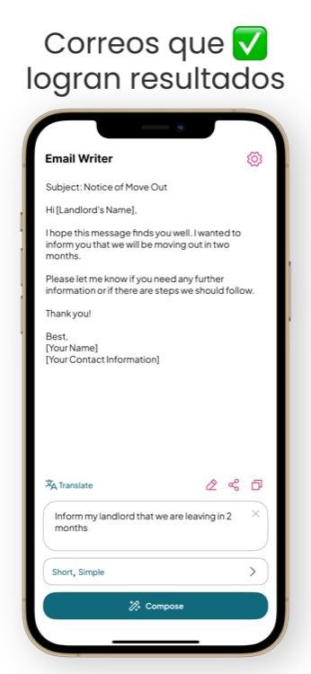 Un correo breve y sencillo generado a partir de una instrucción de una línea en Email Writer